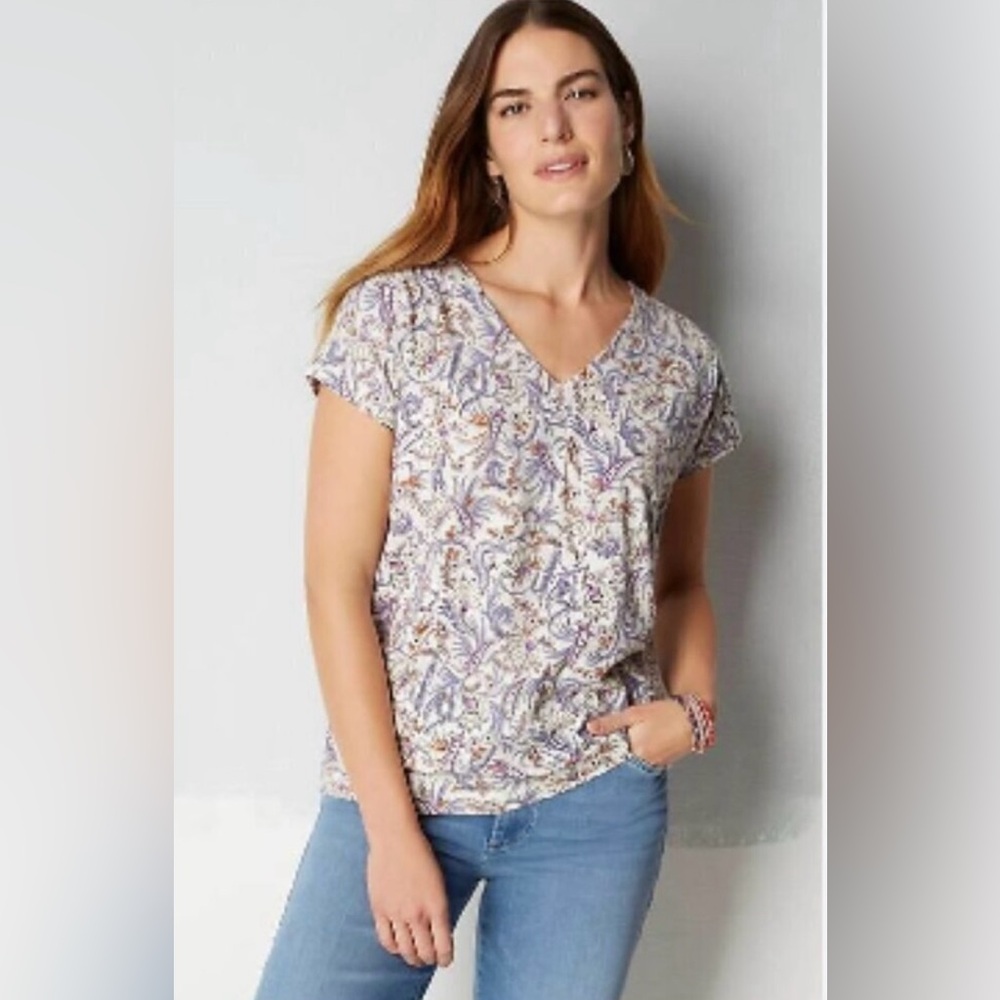 J. Jill Luxe Supima Pleat Back Tee Shirt Floral XL Petite EUC Floral